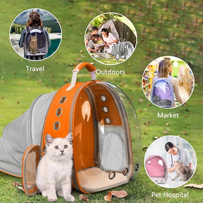 Cat Backpack Carrier Back Expandable Bubble Pet Carrier Backpack for Large Cat, Kitten and Dog, Designed for Hiking, Travelling and Outdoor Use (Back Expandable-Orange)