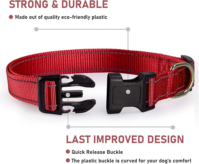 Reflective Dog Collar with Buckle Adjustable Safety Nylon Collars for Small Medium Large Dogs, Red XS