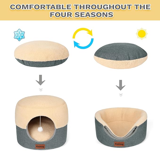 Cat Cave Bed for Indoor Cats, 2-in-1 Calming Anti-Anxiety House & Lounger, Durable Cozy Round Pet Bed with Cushioned Pillow & Anti-Slip Bottom for Small Dogs, 19.7 inches