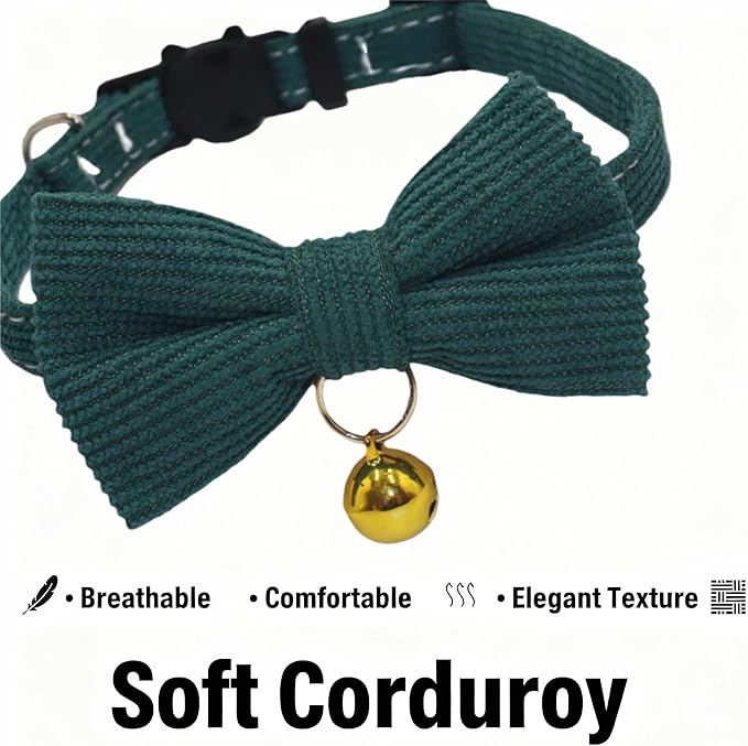 THAIN Cat Collar with Bow Tie and Bell, Breakaway Adjustable Cute Soft Corduroy Kitten Collars Safety Buckle for boy Cats (Solid Dark Green)