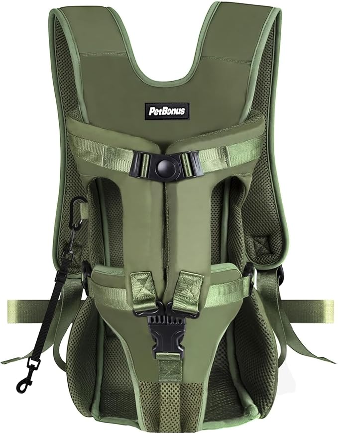 PetBonus Pet Front Dog Carrier Backpacks, Adjustable Pet Backpack, Legs Out Easy-fit Puppy Chest Carrier for Medium Small Dogs, Hands Free for Hiking, Cycling (Army Green, M)