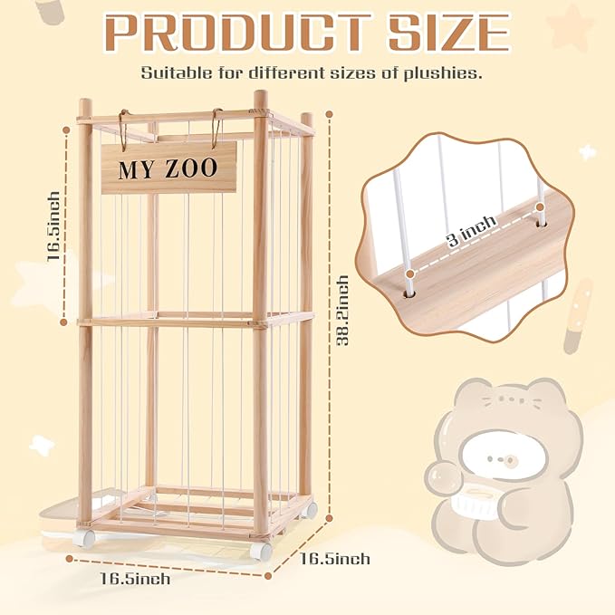 Stuffed Animal Storage Zoo with Wheels, Wooden Stuffed Animal Organizer with Elastic Cords, Space Saving Toy Plushies Storage Holder for Playroom, Bedroom, Living Room(Burlywood, Small)