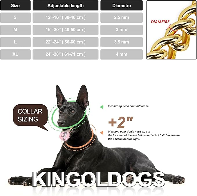 Gold Dog Chain Collar Stainless Steel 18K Gold Collar Adjustable Walking, Metal Cuban Link Chew Proof Double Row Chain for Large Small Medium Dogs
