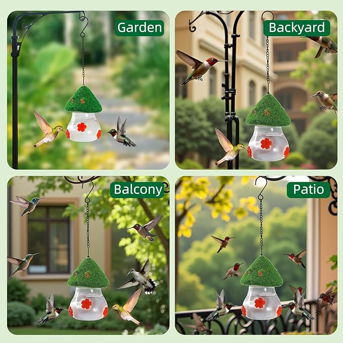 Hummingbird Feeders for Outdoors Hanging - Mushroom House Shape Bird Drinker, Water Resistant Leak Proof,Garden Birds Watching Patio Decoration with 3 Silicone Flower Feeding Ports (red Flower)