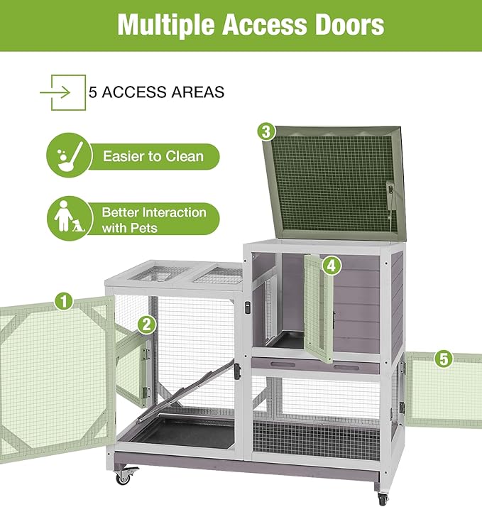 GUTINNEEN Duplex Rabbit Hutch Indoor with Chew-Proof Frame & 2 Leak-Proof Sliding Trays, Rain Cover, Wooden Guinea Pig Cages with Wheels - Grey