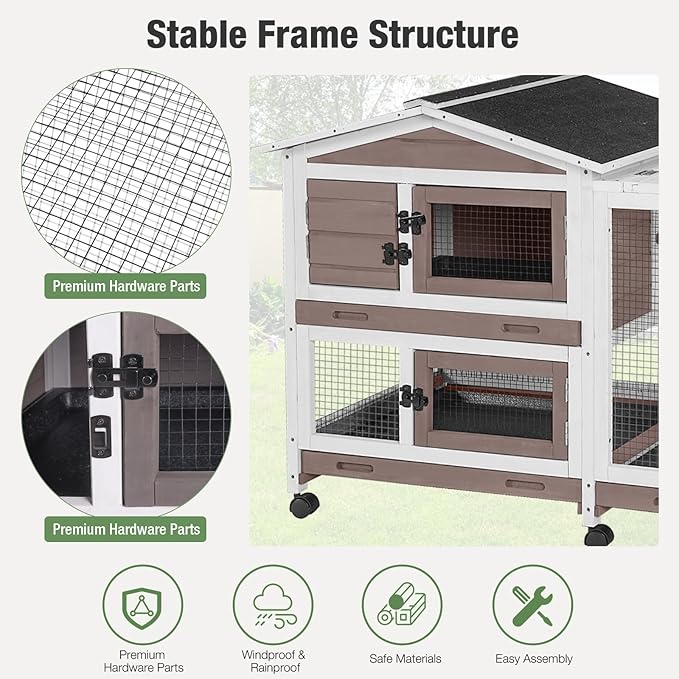 Indoor/Outdoor Rabbit Hutch with Pull-Out Tray, Weatherproof Bunny Cage & Attached Run - Also for Chickens (Brown, L)
