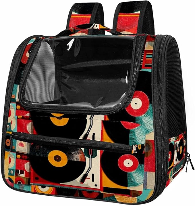 Color Record Player Pattern Traveler Backpack Pet Carriers for Cats and Dogs