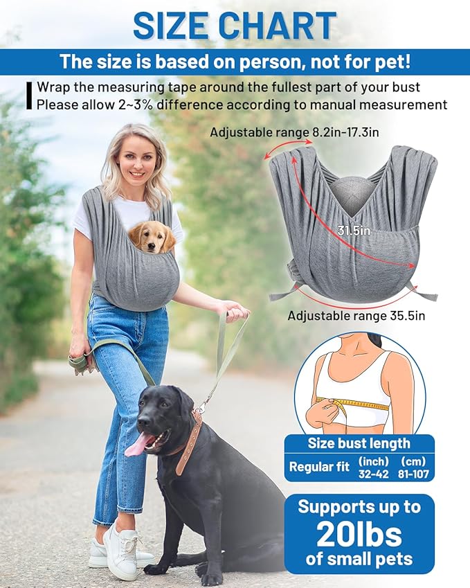 Dog Sling Carrier for Small Dogs, Front Pet Sling Carrier Chest, Adjustable Reducing Back Stress Cat Sling for Small Pet up to 20lbs, Hands Free Puppy Sling for Travel or Everyday Use (Light Grey)