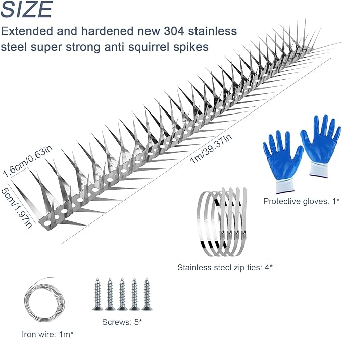 Bird Spikes 40 Inch Stainless Steel Bird Deterrent, Snake and Raccoon Deterrent, Squirrel Baffles for Bird Feeders, Anti Climb Spikes