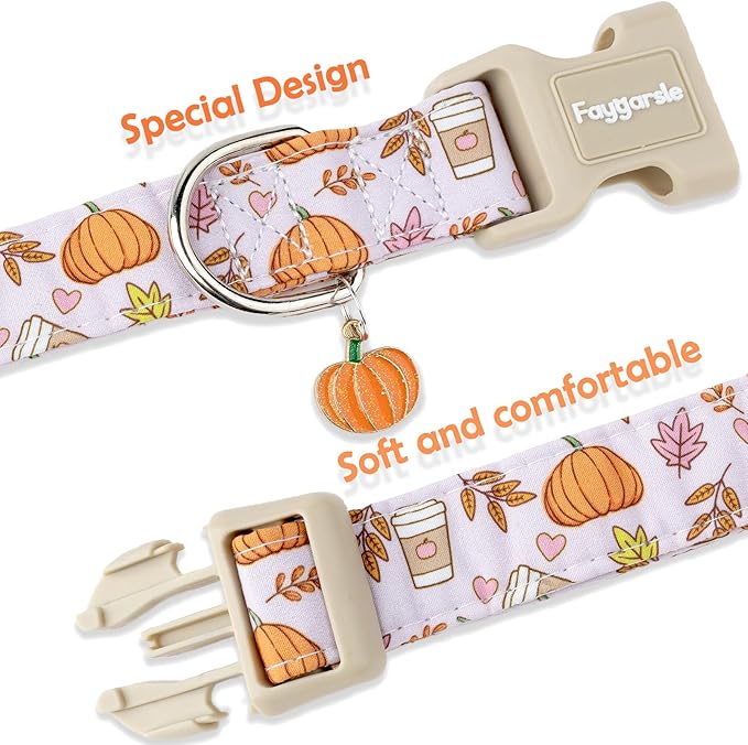 Faygarsle Fall Pumpkin and Leaves Pattern Dog Collar with Charm, Adjustable Pet Neckwear, Pink and Orange for Small Medium Large Dogs L