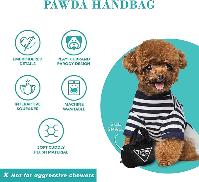 Haute Diggity Dog Pawda Handbag, Plush Designer Dog Toys with Interactive Squeaker, Stimulating Pet Enrichment - Dog Birthday Toy - Machine-Washable & Safe Materials for All Breeds, Size Small
