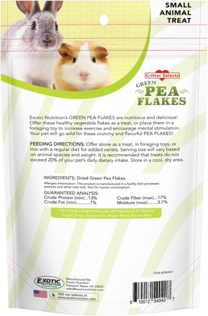 Exotic Nutrition Green Pea Flakes (1 lb.) - Healthy Natural Dried Vegetable Treat - for Rabbits, Guinea Pigs, Hamsters, Chinchillas & Other Small Pets