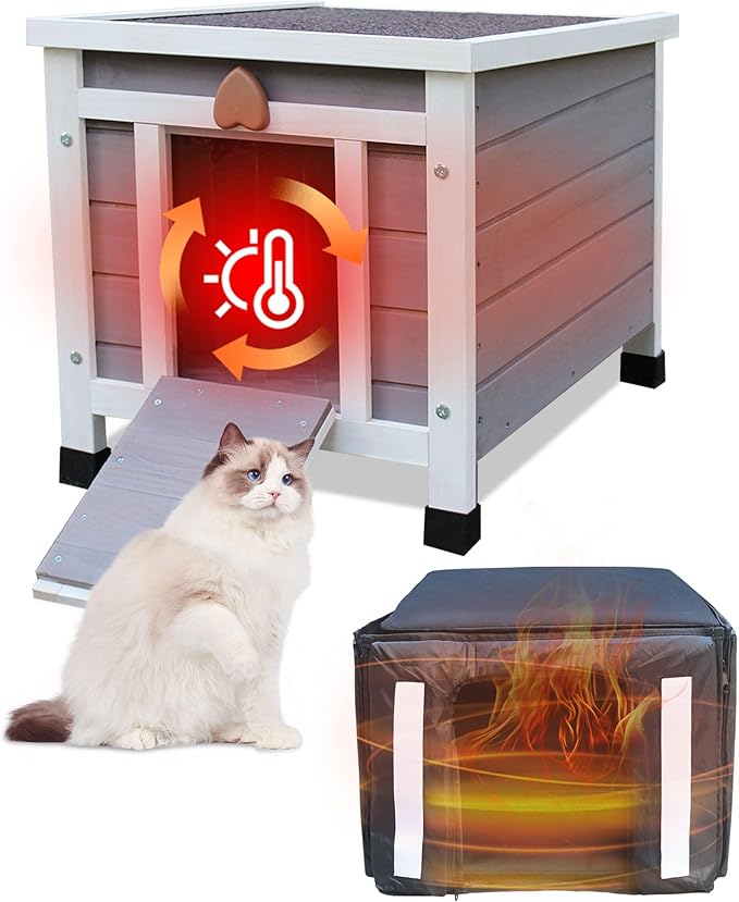 Rockever Outdoor Cat House, Insulated Outdoor Cat House with Warm Liner for Winter, Weatherproof Rabbit Hutch Bunny Cage, Wooden Outside Shelter for Feral Cats, Rabbits