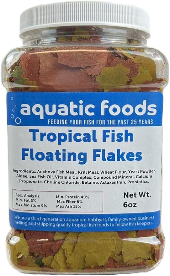 Aquatic Foods Inc. Tropical Fish Flakes, Mix of Krill, Color Enhancing, Spirulina Flakes for Cichlids, Angels, Live Bearers, Tetras, Guppies, All Tropical Fish...WL 6oz Med Jar