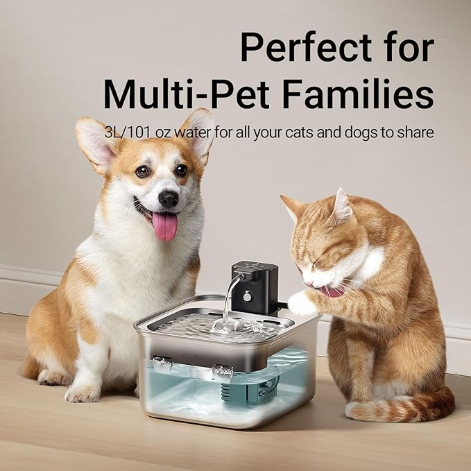 DownyPaws Cat Water Fountain Stainless Steel Wireless, 101 oz/3L FurSink Cordless Water Fountain for Cats, Battery Operated Cat Fountains for Drinking with Motion Sensor, Easy Clean, Metal & 6 Filters