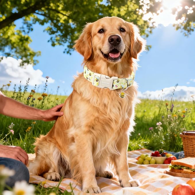 DOGWONG Spring Summer Dog Collar- Bee Flower Dog Collar, Adjustable Soft Girl Boy Dog Collar for Small Medium Dogs, XS