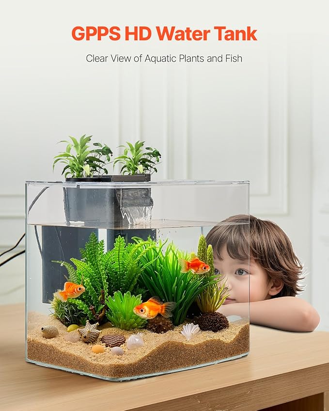 VEVOR Fish Tank Aquarium, 3.5 Gallon Arch Ultra-Clear GPPS Starter Smart Tank Adjustable 3 Color Lighting, Self Cleaning System Fishbowl for Freshwater & Saltwater Fish Home, Office, or Pet Use
