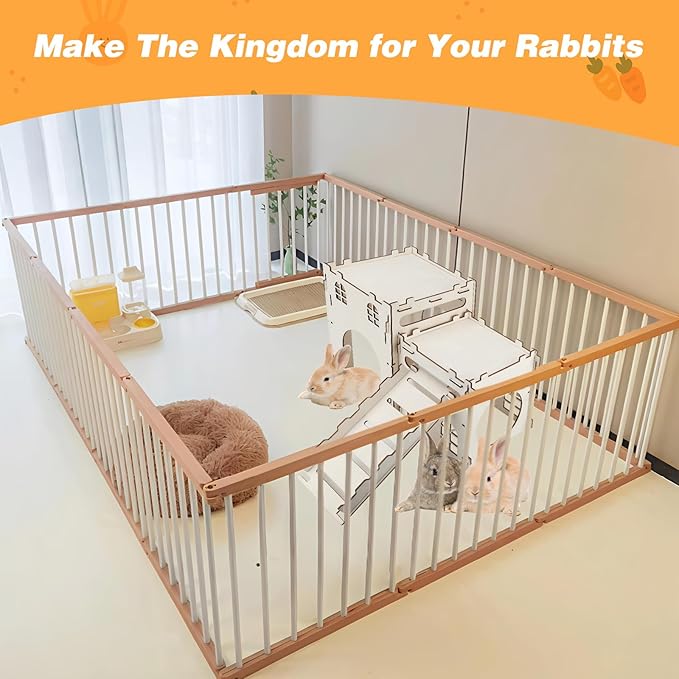 Rypet Large Wooden Rabbit Castle Bunny House, Sturdy Wood Bunny Castle with Stair, Detachable Rabbit Hideaway Breathable Small Animal Indoor Playhouse for Rabbits Hamster Guinea Pig Chinchilla Ferret