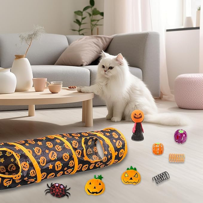 Interactive Cat Play Tunnels - Halloween Peekaboo Cat Cave with Toys, Cats Engaging Activity Center | Interactive Toy & Activity Center for Indoor Cats, Kittens, Small Animals, Playing & Stimulation