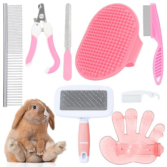 Rabbit and Small Pet Grooming Kit - Slicker Brush, Massage Glove, Nail Clipper, Flea Comb, Double-Sided Brush for Rabbits, Guinea Pigs, Hamsters (Pink)