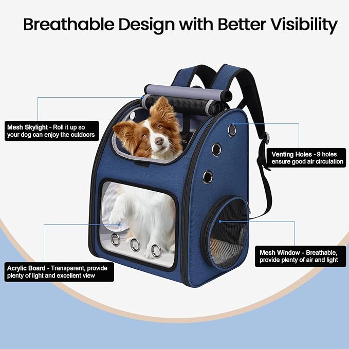 Expandable Pet Carrier Backpack for Cats, Dogs and Small Animals, Portable Pet Travel Carrier, Super Ventilated Design, Airline Approved, Ideal for Traveling/Hiking/Camping, Blue