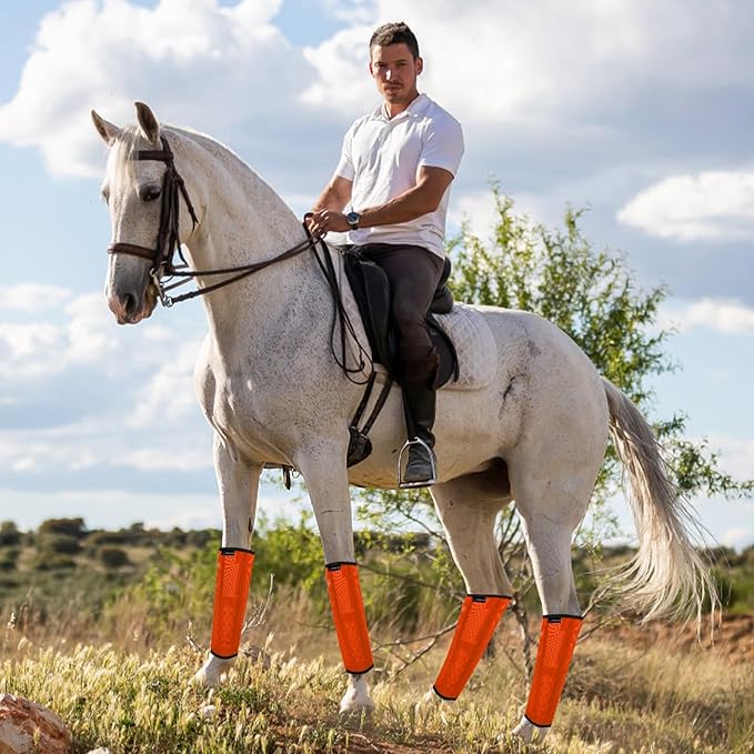 FOXLVDA Horse Fly Boots - Fly Boots for Horses Set of 4, Comfortable Horse Leggings, Mesh Material Design with Metal Support Bars for Reduces Stomping & Leg Fatigue (Orange, Large)