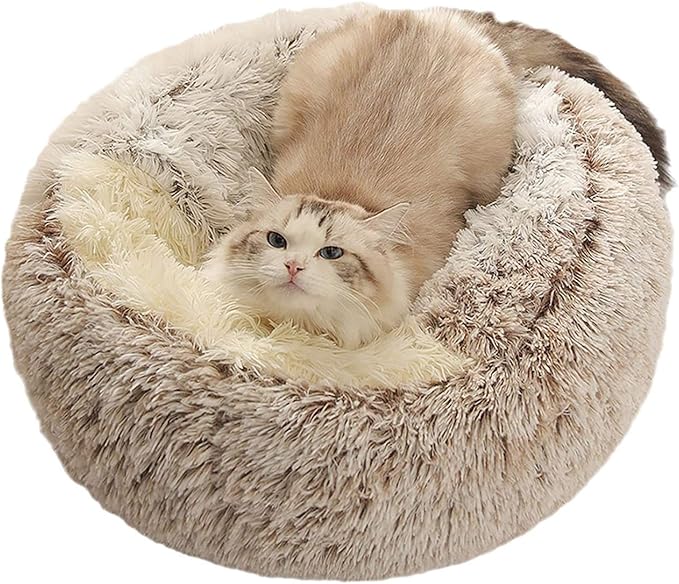 Plush Fluffy Dog and Cats Round Bed – Ultra-Soft Faux Fur Pet Shell Nest with Raised Bolster Edge, Self-Warming Calming Nest for Small to Large Pets (Gray, Large（26”）)