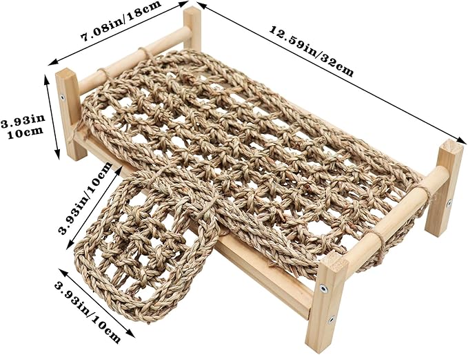 Dnoifne Bearded Dragon Bed with Climbing Ramp - Natural Wood and Seagrass Hammock, Reptile Tank Basking Platform Accessories for Leopard Gecko Lizard Frog - 12.6 × 7.1 × 3.9 inch