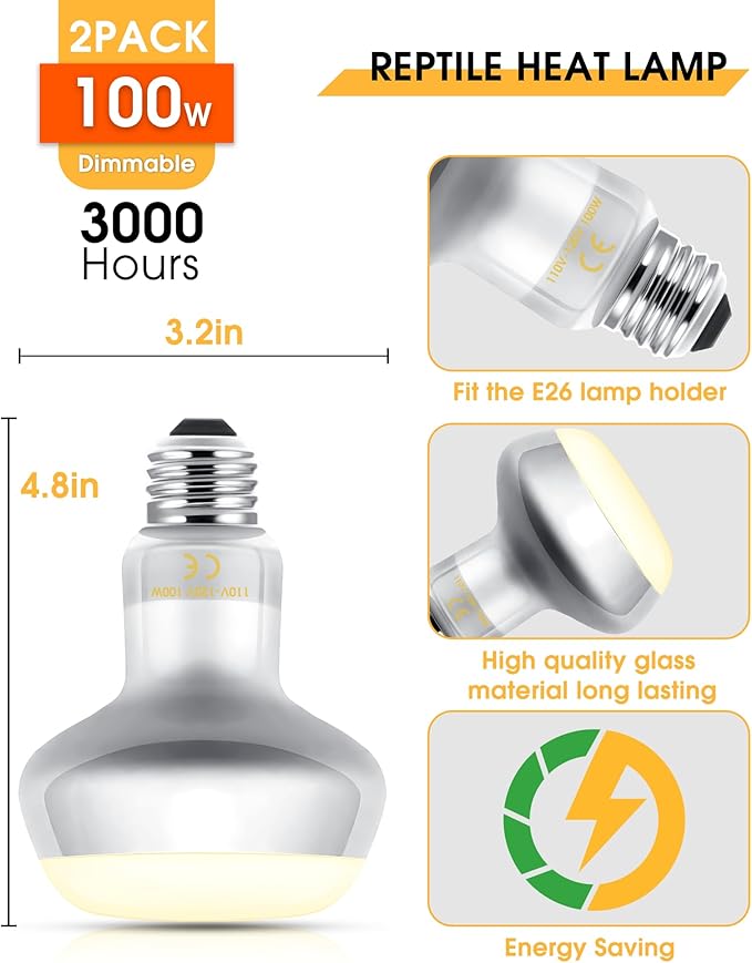 EvaStary Reptile Heat Lamp Bulb, 2-Pack 100W Simulate Natural Sunlight Heat Light Bulb for Reptiles, UVA Daylight Heat Lamp Bulbs for Reptiles, Bearded Dragon, Amphibians, Turtle, Lizard, Snake