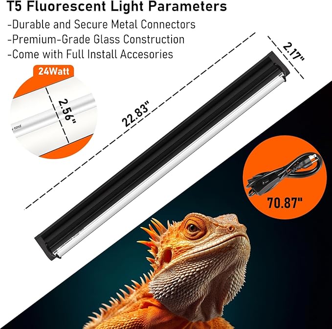 T5 10.0 UVB Light Fixture for Bearded Dragon, T5 UVA UVB HO Reptile Light Tube Lamp Blub 24W 22" for Tortoise,Desert Lizards,Leopard Gecko,Reptile & Amphibian Lamp