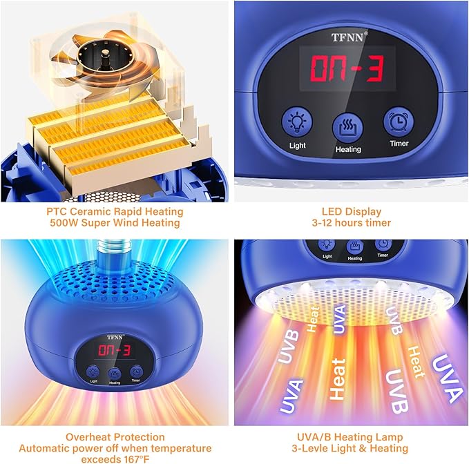 Chicken Coop Heater Lamps,200W-350W-500W Reptile Heating Lamp Upgraded with UVA UVB Ligh 3-6-9-12H Timer,Protable Greenhouse Heater for Outdoor Chicken Coop for Reptile Rabbits Dog Cats (Blue)