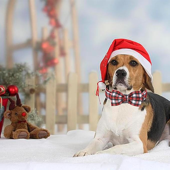 Christmas Dog Collar, Red Plaid Cotton Collars with Bow Adjustable Pet Collar Premium Metal Buckle, Christmas Puppy Necklace for Small Girl and Boy Dogs