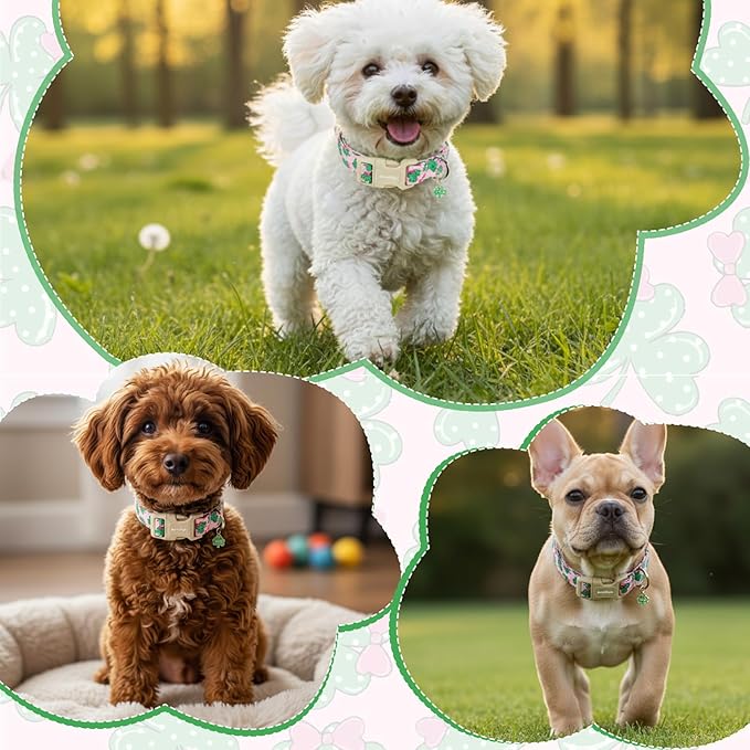 St. Patrick's Day Dog Collar,Pink Bow with Lucky Shamrock Puppy Collar,Adjustable Spring Cotton Collars Gifts for Small Medium Large Dogs,Dog Accessories L