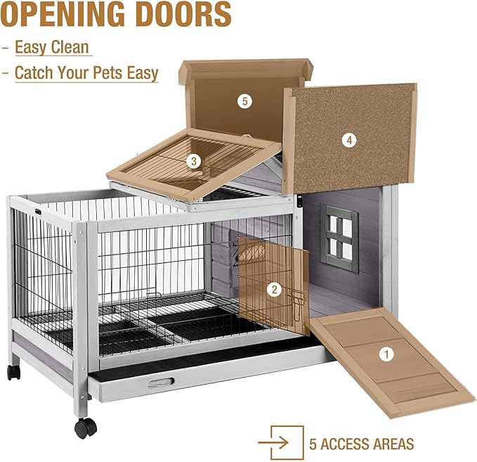 Rabbit Hutch Indoor Outdoor Rabbit Cage Bunny Cage with Run,No Leak Pull Out Tray,Wire Fence
