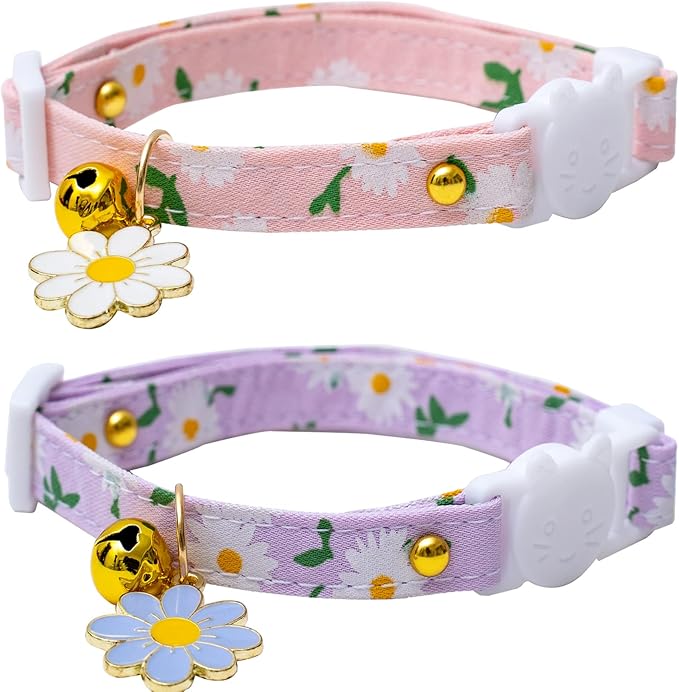 2 Pack Cotton Breakaway Cat Collars with Bell Flower Pendant Kitty Kitten Collars Pink Purple Collar for Female Girl Cats Male Boy Cats