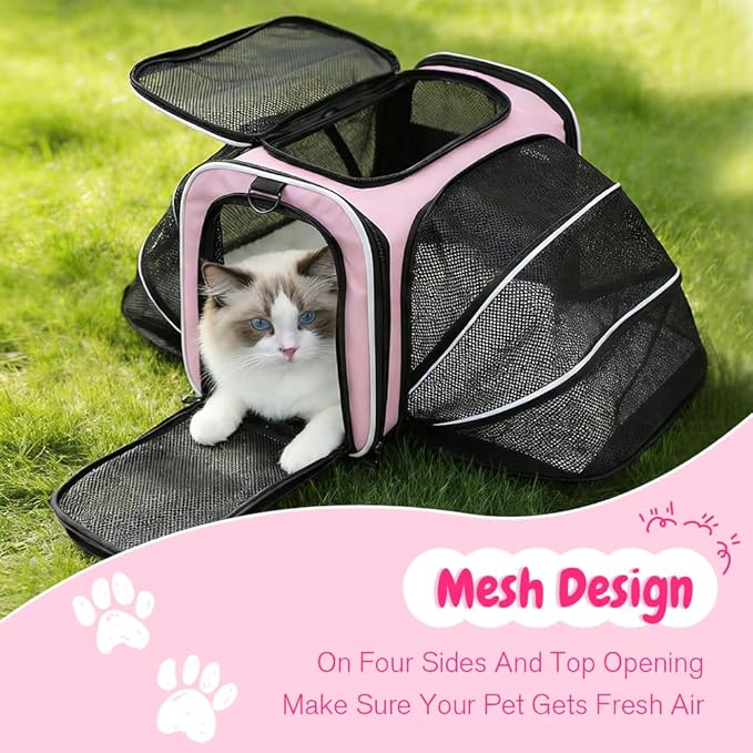 Double Expandable Cat Carrier,Airline Approved Soft-Sided Pet Travel Carrier for Small Dogs Cats under 15 lbs,Waterproof 600D Oxford Fabric with Washable Replacement Liner,Odor-Free & Claw-Proof(Pink)