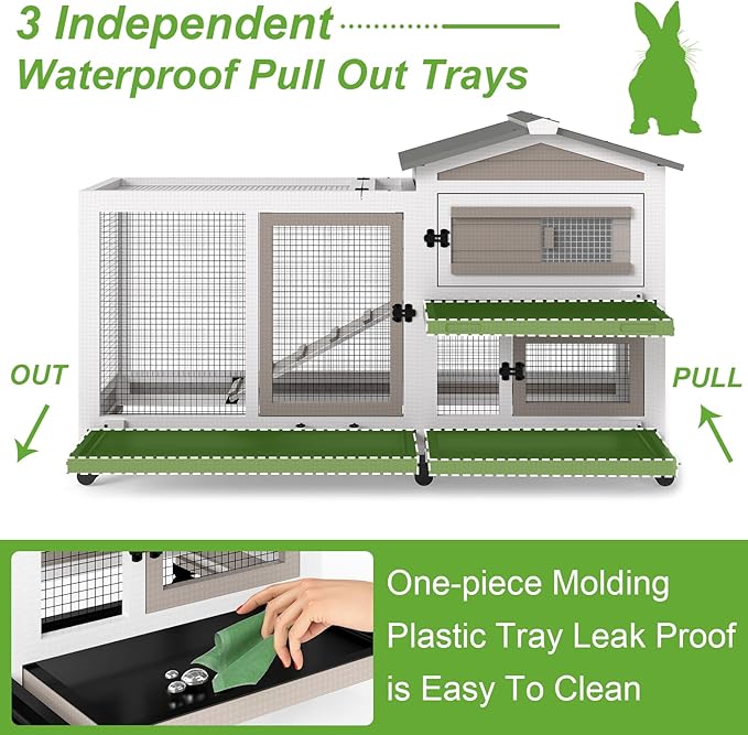 Rabbit Hutch Outdoor Indoor, 2 Story Wooden Bunny Cage with 6 Lockable Wheels, 3 Removable Deep No Leakage Pull Out Trays for Rabbit & Guinea Pig, Chew-Proof Ramp & Waterproof Roof, Grey