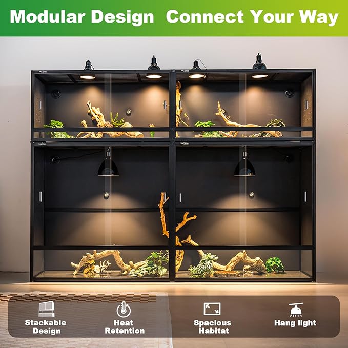 Reptile Tank 4-Pack Connectable Kit, 48"x24"x46" and 48"x24"x24" PVC Enclosures, Extra Large & Tall Stackable Terrariums for Bearded Dragon & Ball Python with Front Glass Doors & Locks