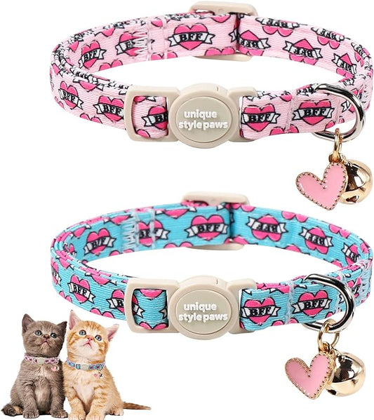 Unique Style Paws Pink Kitten Collars,Cute Valentine Cats Collar with Bell,Kitten Collar Breakaway Buckle with Heart Pattern,Adjustable Valentine Cat Collars,Ideal Gift for Boy Girl Cats