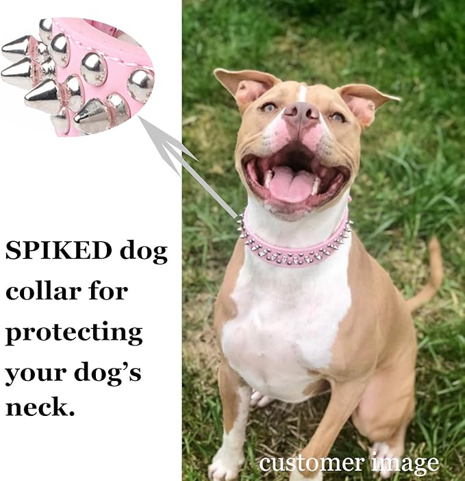 TEEMERRYCA Adjustable Leather Spiked Studded Dog Collars with a Squeak Ball Gift for Small Medium Large Pets Like Cats/Pit Bull/Bulldog/Pugs/Husky, Pink, L(15"-18.5")