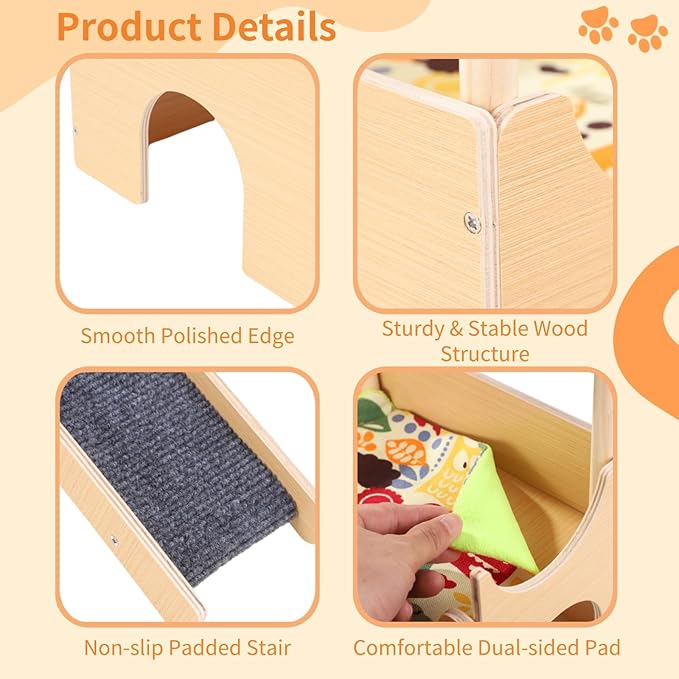 Large Wooden Guinea Pig Hideout, 2-tier Guinea Pig House with Non-slip Stairs, Small Animal Cage House, Cushioned Pads Included, Pet Habitat for Hamster Playing, Hiding