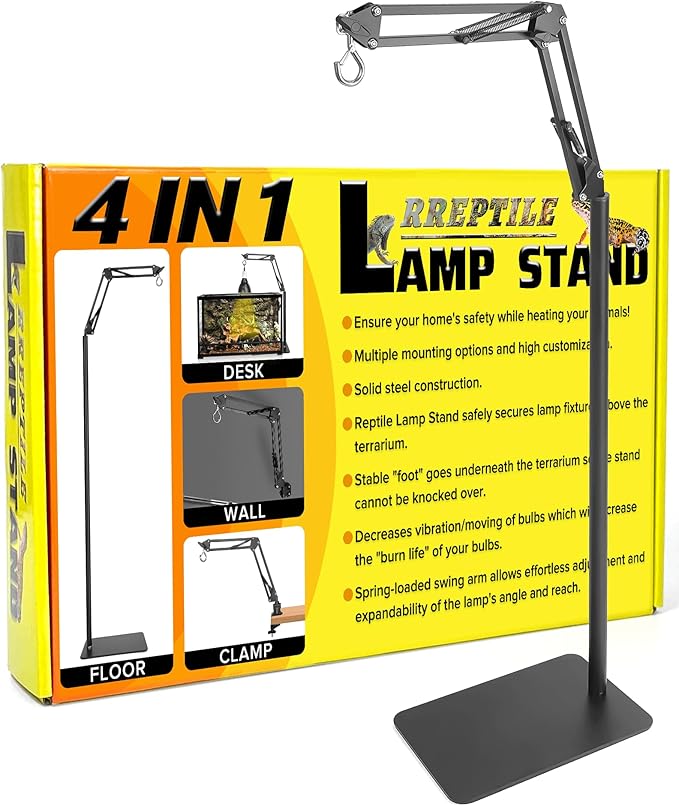 4 IN 1 Metal Reptile Lamp Stand with Swing Arm for Terrarium - Floor Light Stand for Reptile Tank - Adjustable Height & Width & Angle Heat Lamp Holder - Heating Light Bracket & Hanger (Max Height 72")