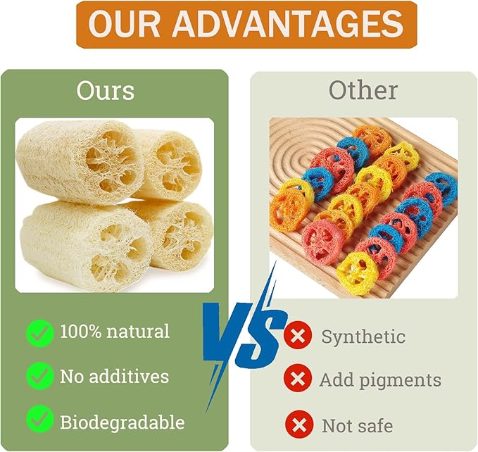 4PCS Rabbit Loofah Chew Toys, Organic Natural Loofah Toys Teeth Cleaning Bath Tools, Handmade Fiber-Rich Bunny Chew Toys for Guinea Pig, Hamster, Rat, Chinchillas