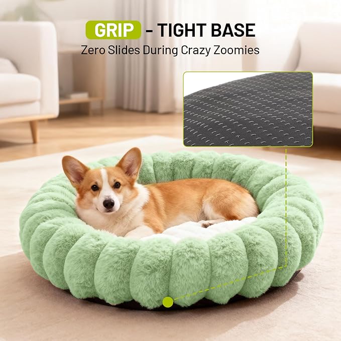 Cloudsoft Flower Cat Bed and Dog Bed, Washable Plush Pet Bed with Non-Slip Water-Resistant Bottom, Faux Furfor Cats & Small Dogs Up to 22 lbs, 22.8"x22.8" (Green)
