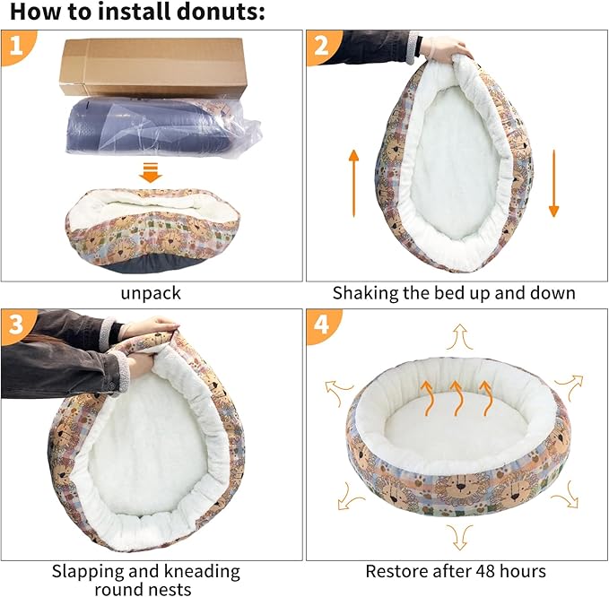 Circular Calming Dog & Cat Bed Anti-Anxiety Washable with Anti Slip Backing Donut Cuddler with Cute Jacquard Patterns for Cat and Small Puppy (XS-20in, Lion)