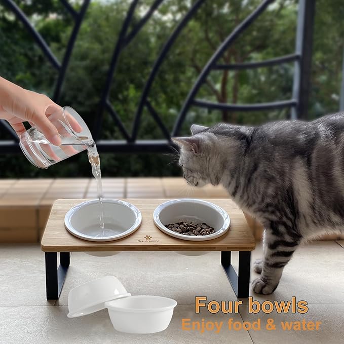 Sunhoo Elevated Cat Bowls for Indoor Cats Ceramic Kitty Dish Food Water Raised Tilted Puppy Feeding Sation with 4 Dishes Wooden Stand Pet Feeder Metal Legs Orthopedic Reduces Vomiting（Yellow）