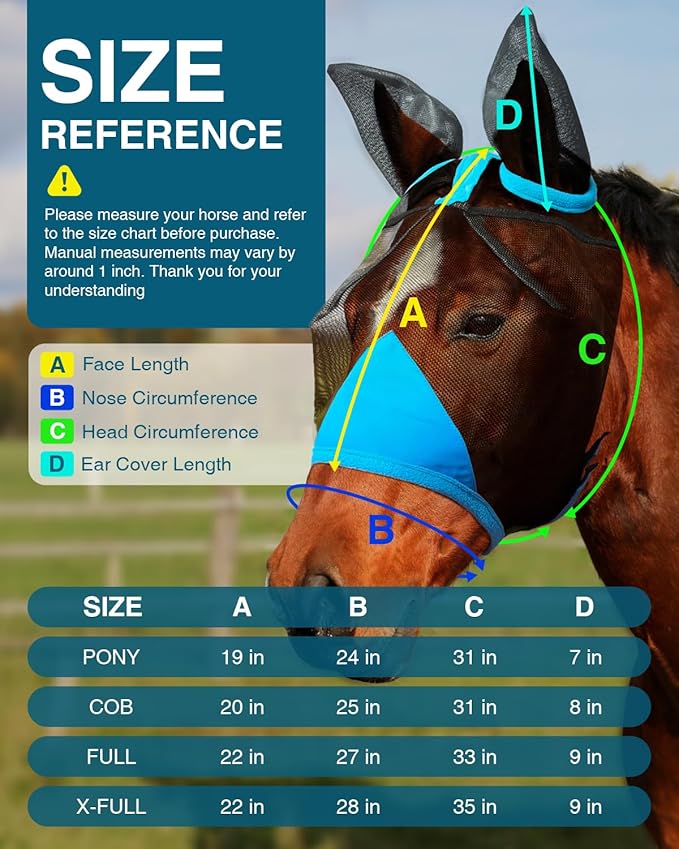 Hilltown Adjustable Fly Mask for Horse with Ears - UV-Block, Large Eye Space, Breathable, Built to Last, Comfort Fit - Horse Fly Mask for Daily Stable, Hot Weather Riding & Competition - Cob, Blue