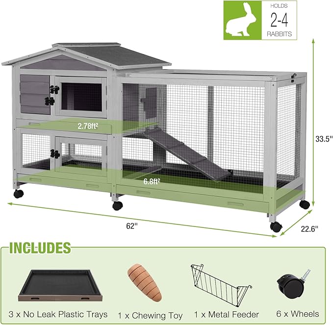 Gutinneen 2-Story Rabbit Hutch Indoor Large Bunny Cage with Chew-Proof Ramp - Wooden Rabbit Cage Outdoor with 6 Lockable Caster Wheels & Dual Pull-Out Trays for Rabbits, 62"L x 22.6"W x 33.5"H (Grey)