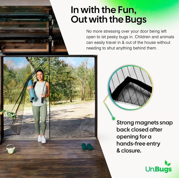 UnBugs Garage Screen Doors for 1 Car Garage - Fits Single Garage Doors up to 8 Feet Wide x 7 Feet Tall MAX - Pet & Kid Friendly, Self-Closing - Hands Free Magnet Closure Keeps Bugs Out & Breeze in