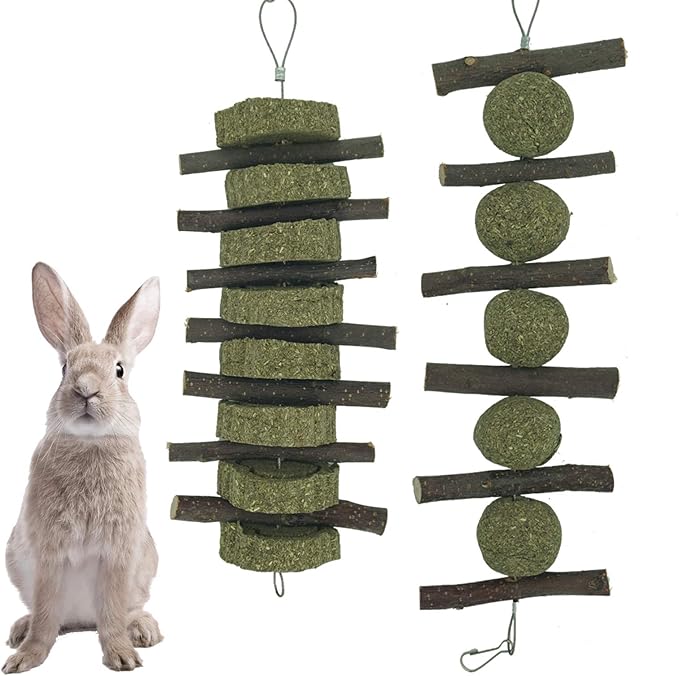 Rabbits Bunny Chew Toys Treats Natural Wood Timothy Hay Grass Cakes Balls Chew Toys Treats for Hamster Chinchilla Guinea Pigs 4pcs